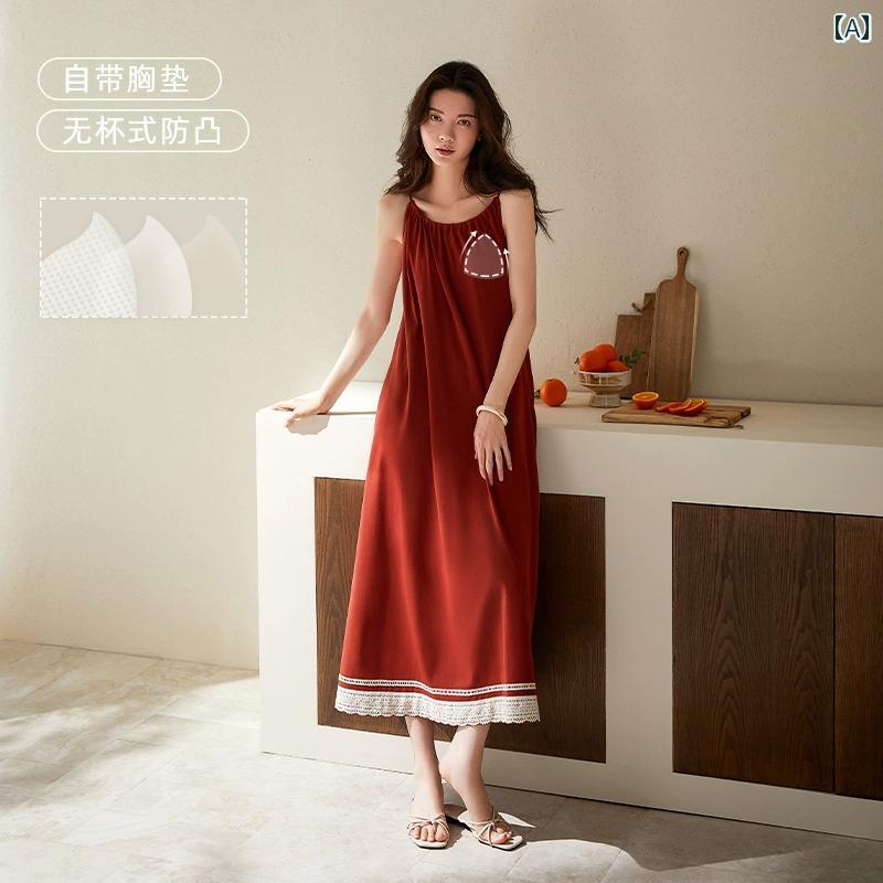 デザイン: 切り替え装飾 素材: 綿.ポリウレタン シーン: リラックス・ルームウェア 袖丈: キャミソール スカート丈: ロング ネックライン: クルーネック 柄: 無地 サイズ: M.L.XL.XXL カラー: レッド（胸パッド付き）