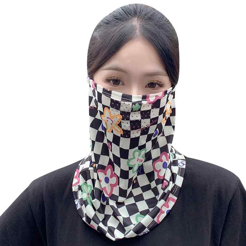 日よけマスク 首まで 軽量 通気性 夏 日焼け防止 ひんやり 涼しい 速乾 耳かけ フェイスカバー サイクリング 旅行 ユニセックス チェック ハート 花柄 無地 黒 グレー ピンク(4)