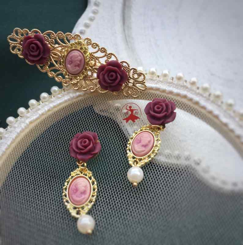 耳飾り ヘアクリップ ピン アクセサリー 大人 上品 エレガント レディース レトロ フラメンコ 揺れる 肖像画風 バラ おしゃれ(4.0)