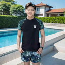 水着 メンズ 上下セット 半袖 長袖 ラッシュガード プルオーバー ラウンドネック サーフパンツ インナー付 ウエストゴム ドローストリング 通気 色褪せにくい 海水浴 プール カジュアル おしゃれ 緑 グレー 紺 大きいサイズ(4)