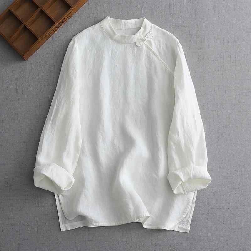 Long-Sleeved - チャイナ風 トップス 普段着 おしゃれ シャツ レディース 大きいサイズ 薄手 長袖 綿麻 斜め前立て 飾りボタン 禅スタイル 茶服 中国風 ゆったり