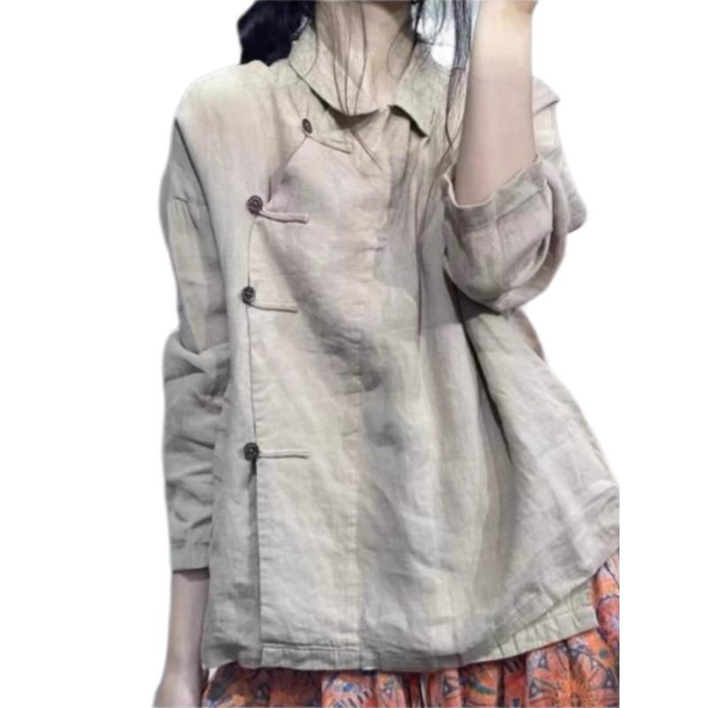 3-Quarter Sleeves - チャイナ風 トップス 普段着 おしゃれ シャツ レディース 夏 薄手 綿麻 斜め襟 チャイナボタン 七分袖 襟 中国風 禅風