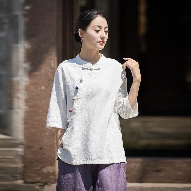 3-Quarter Sleeves - シャツ レディース おしゃれ 夏 薄手 綿麻 斜め前立て スタンドカラー チャイナボタン 中国風 禅風 レトロ シンプル