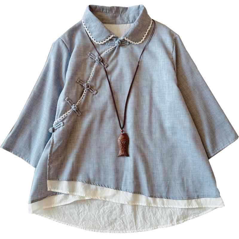 3-Quarter Sleeves - シャツ レディース おしゃれ 春夏 綿麻 ダブルレイヤー スタンドカラー 七分袖 レース チャイナボタン 禅風 茶服 レトロ