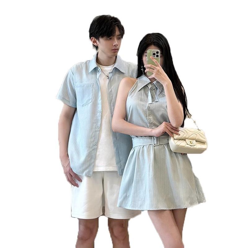 カップル ペアルック お揃い リンク ワンピース レディース 夏 ノースリーブ シャツワンピース フレンチ風 かわいい ガーリー 韓国 リボン ベルト デート 着やせ スカート