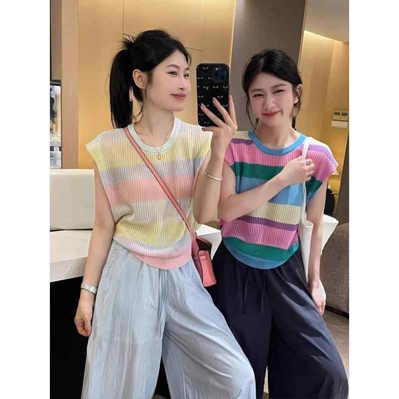 PORTER - Tシャツ レディース おしゃれ 夏 カラフル ボーダー ピンク レッド 半袖 クルーネック 涼しい 快適 ニット 配色 ゆったり ショルダー