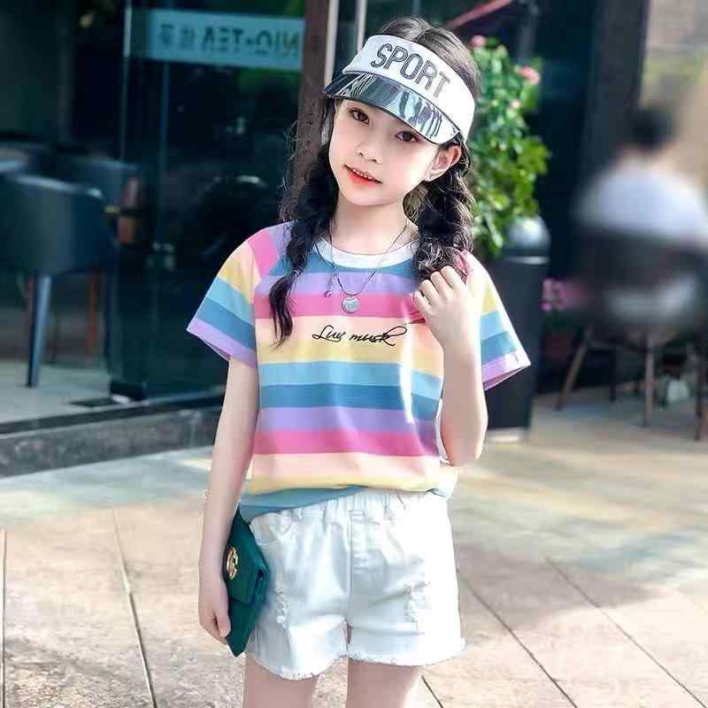 Tシャツ 女の子 半袖 夏 綿 小学生 中学生 ボーダー 柄 ゆったり カラフル カジュアル 上着 ガーリー