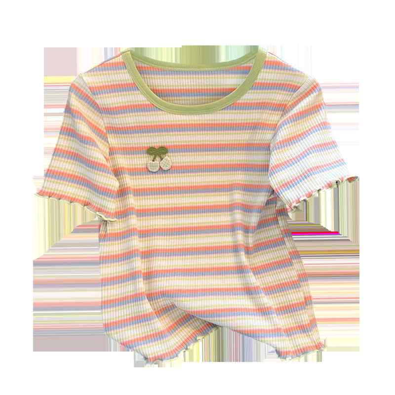 Tシャツ レディース おしゃれ 夏 半袖 ラウンドネック フリル 裾 フリル 彩虹 ボーダー マルチカラー 韓国 トップス