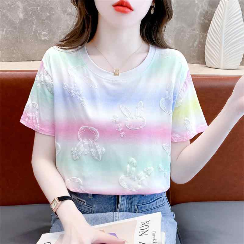 Tシャツ レディース おしゃれ 夏 半袖 カラフル ボーダー うさぎ プリント かわいい 綿 カジュアル 着回し