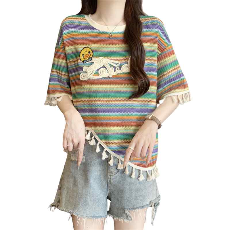 PORTER - Tシャツ レディース おしゃれ 大きいサイズ 虹色 ボーダー 半袖 二の腕カバー 体型カバー フリンジ ゆったり 着痩せ ニット 夏