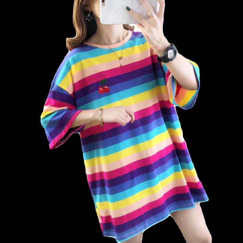 Tシャツ レディース おしゃれ 半袖 夏 きれいめ カラフル 虹色 ボーダー 柄 ゆったり 大きいサイズ 綿 ミドル丈