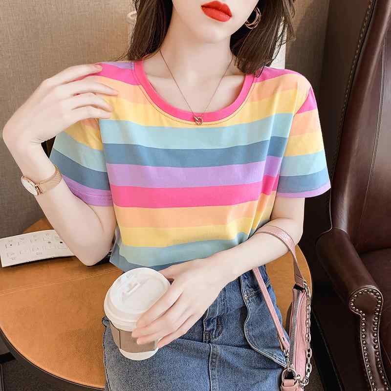 Japanese Print - Tシャツ レディース おしゃれ 綿 カラフル ボーダー 半袖 クルーネック ゆったり 夏 トップス