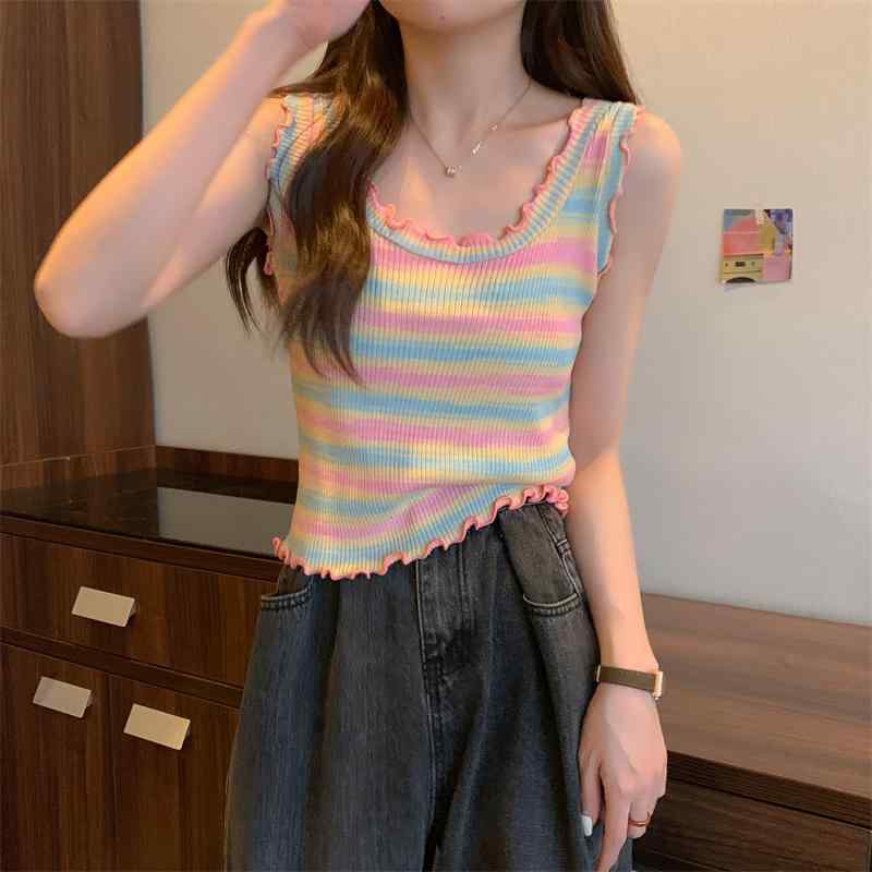 タンクトップ レディース おしゃれ カラフル ボーダー ノースリーブ かわいい 系 フリル トップス 個性的 夏 着回し Sweet系