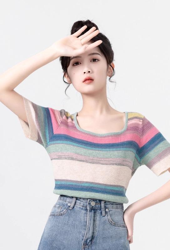 Tシャツ レディース おしゃれ 夏 マルチカラー ボーダー 涼しい 快適 ニット 半袖 スクエアネック ゆったり 細見え ショート丈