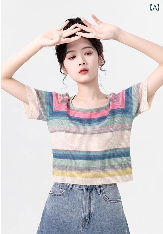 Tシャツ レディース おしゃれ 夏 マルチカラー ボーダー 涼しい 快適 ニット 半袖 スクエアネック ゆったり 細見え ショート丈