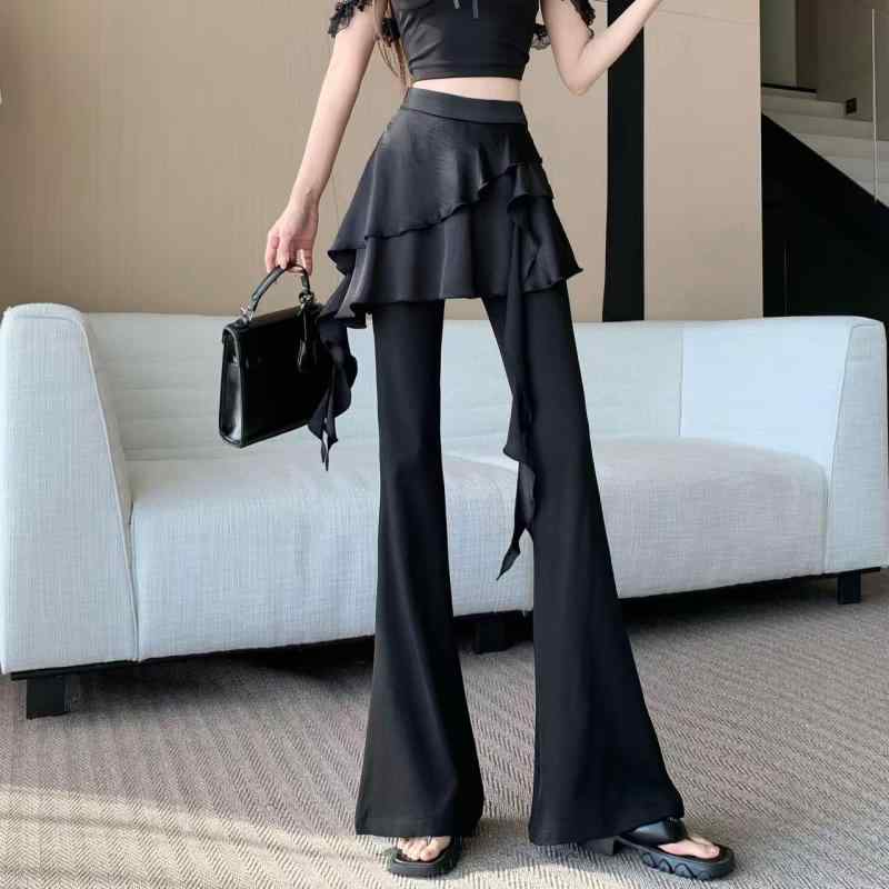 レディース スカートパンツ おしゃれ カジュアル 体型カバー 黒 微フレア ハイウエスト 夏 フリル 変形 重ね着風 ゆったり ロング丈 きれいめ