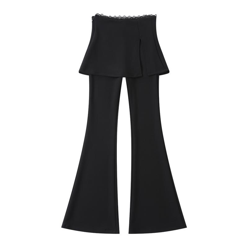 Cropped Pants - レディース スカートパンツ おしゃれ カジュアル 体型カバー 黒 レース切り替え フェイクツーピース 微フレア ハイウエスト ストレッチ 脚長効果 ワイド 夏