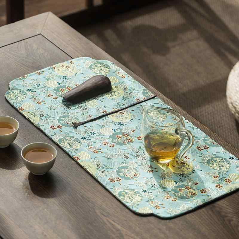 テーブルランナー 帯 中国 禅 小さめ ティーマット 織り 刺繍 フラッグ 茶室 ダイニング アジア 光沢 ロング 鶴 花柄 茶 ネイビー 緑