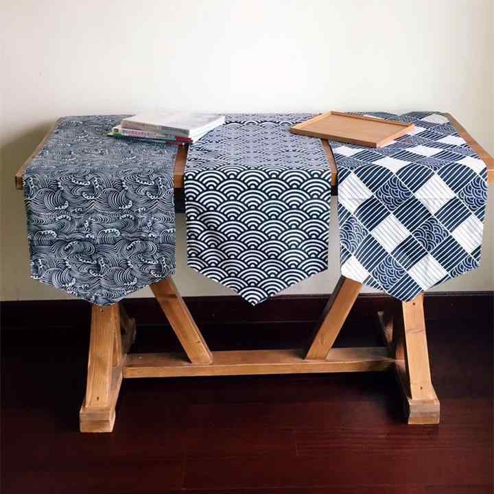 テーブルランナー 帯 伝統的 青 海 波 模様 綿 麻 食卓 フラッグ 装飾 生地 布 柔らかい ダイニング 夏 キャビネット チェック 和風