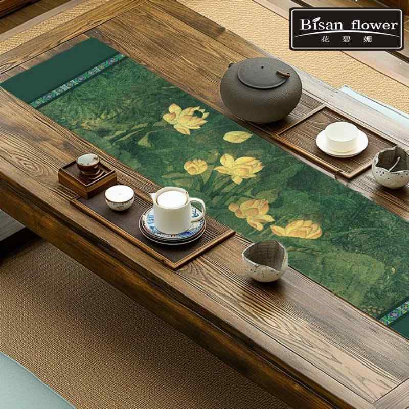 テーブルランナー 帯 寺 フラッグ ダイニング 茶室 ロング 防水 禅 ティー クロス チャイナ風 蓮 牡丹 アジア レトロ 緑 マット 装飾