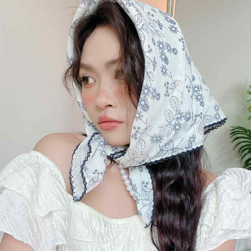 Cotton - スカーフ 小さめ 綿 リネン 正方形 春夏 装飾 レトロ レディース 薄手 黄色 青 ピンク シンプル カジュアル おしゃれ おでかけ 首元 普段使い 韓国 花柄