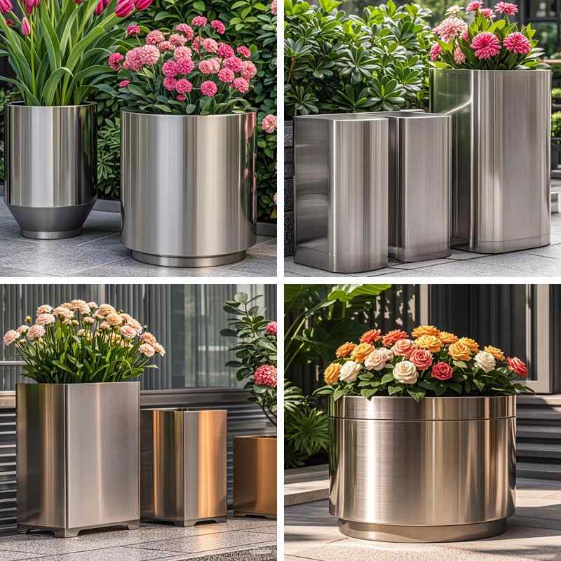 ガーデニング プランター ステンレス スチール フラワーポット 屋外用 花壇 商店 ディスプレイ 金属 北欧 無地 シンプル インテリア シルバー ゴールド 黒