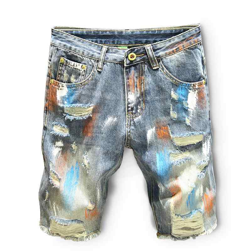 Short Pants - ハーフパンツ メンズ おしゃれ デニム ダメージ加工 ペイント柄 グラフィティ風 夏 薄手 カジュアル クラッシュ ストリート ショートパンツ 休み