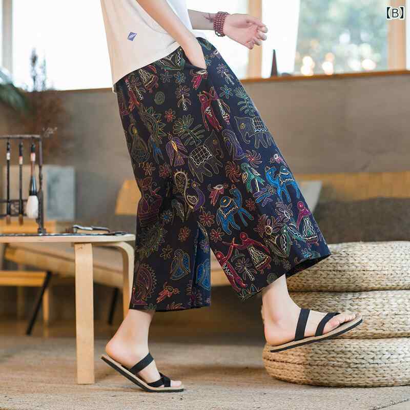 7分丈 パンツ メンズ おしゃれ 中国風 ヴィンテージ風 タイ風 大象柄 刺繍 花柄 リネン ストレート 民族風