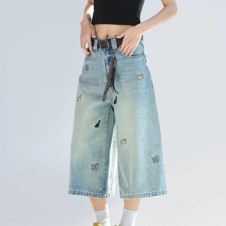Straight Jeans - 7分丈 デニムパンツ メンズ おしゃれ レディース 夏 水洗 ヴィンテージ風 アメカジ ストレート ワイド 破れ加工 ダメージ ダメージ ゆったり