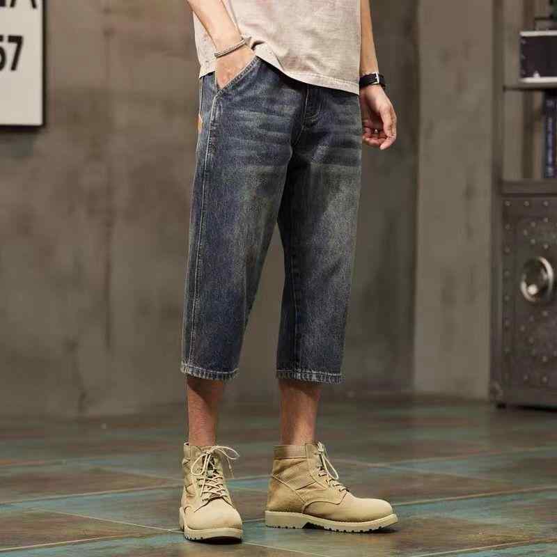 Nylon, Rayon, Polyester - 7分丈 デニムパンツ メンズ おしゃれ 夏 薄手 ワイド ストレート カジュアル 破れ加工 ダメージ ダメージ ヴィンテージ風