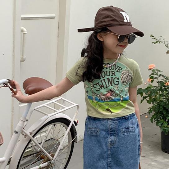 Tシャツ 女の子 夏 コットン ヤシの木 プリント 韓国 半袖 スリムフィット キッズ カジュアル