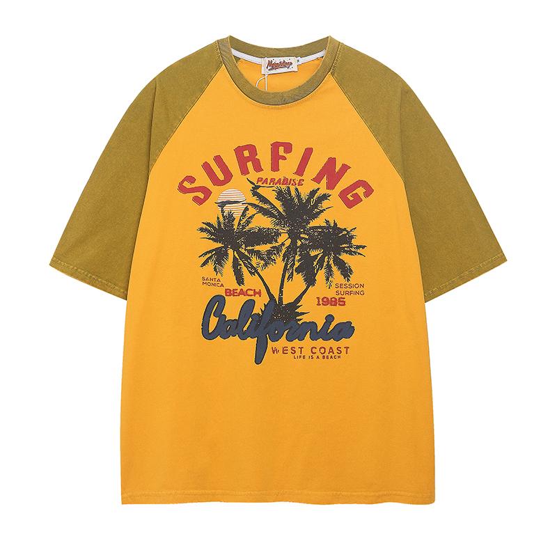 シルエット: ゆったり デザイン: プリント.切り替え.配色 加工: ノーアイロン 素材: 綿 機能: 通気性が良い 袖丈: 半袖 サイズ: M.L.XL カラー: イエロー.グレー 袖タイプ: ラグランスリーブ 柄: 文字・ナンバー 襟型...