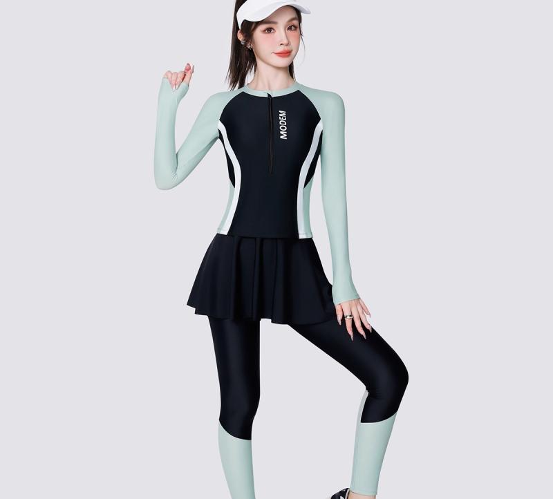 水着 レディース フィットネス セパレート 長袖 ラウンドネック ハーフジップ 胸パッド スカート スパッツ 体型カバー スリム ストレッチ スマホポーチ セット プール スパ カジュアル スポーティ 黒 緑 大きいサイズ