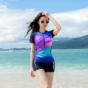 フィットネス 水着 レディース 大きいサイズ セパレート 半袖 ハーフジップ 胸パッド ショートパンツ インナー ゆったり 体型カバー ソフト 通気 速乾 海水浴 プール スパ カジュアル スポーティ 紫 グレー 青
