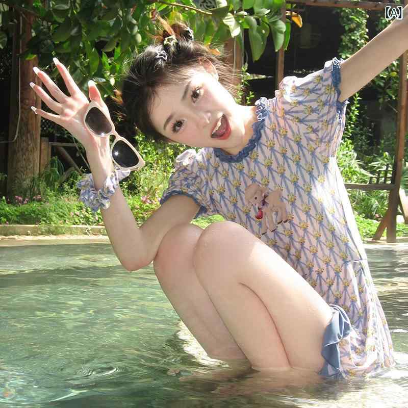 水着 レディース ワンピース かわいい 半袖 ラウンドネック スカート 胸パッド フリル スリム プール スパ カジュアル 羊 プリント