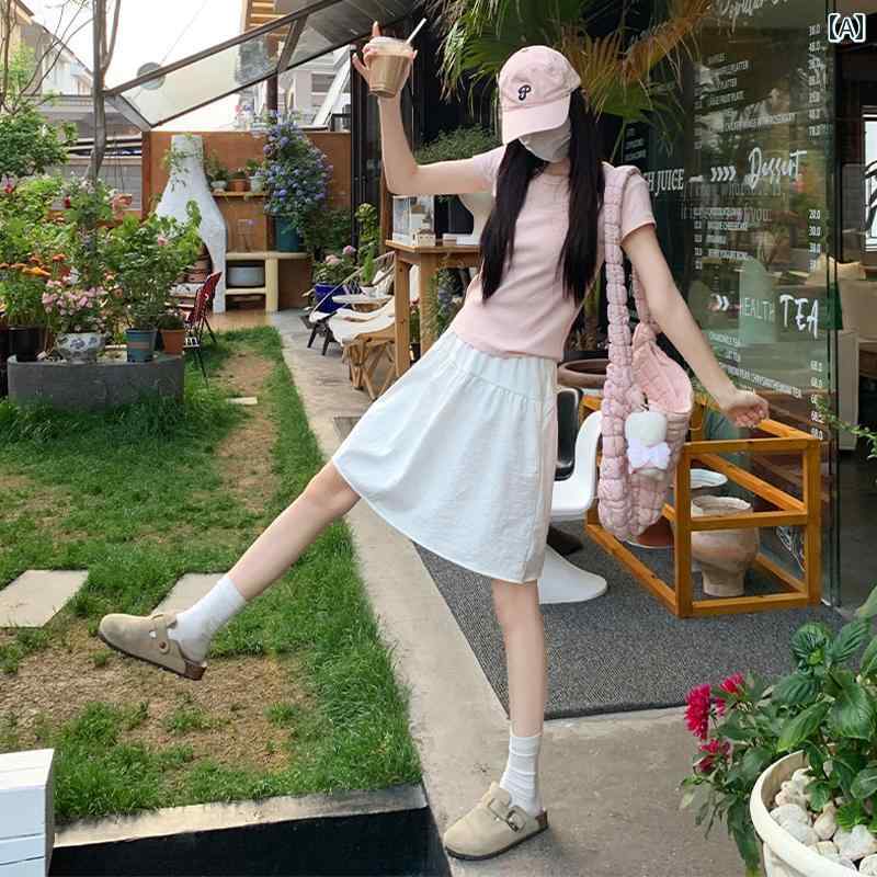 ミニスカート レディース おしゃれ 白 カジュアル ウエストゴム ハイウエスト 体型...