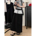 スカート レディース おしゃれ グレー レース 切り替え ウエストゴム Aライン ストレート 春夏 ミディ丈 スポーティ カジュアル