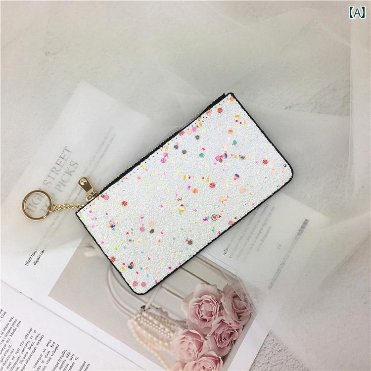 カードケース 薄型 スパンコール ポーチ ホルダー レディース キー ジッパー コイン レトロ スマホ リング チェーン クラッチ 小さめ 白 光沢