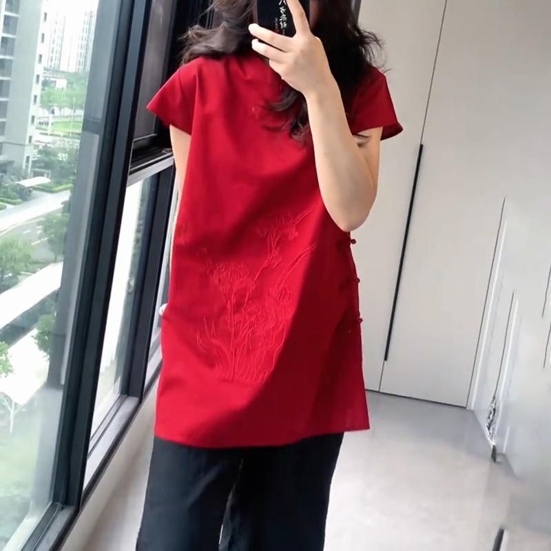 トップス シャツ レディース おしゃれ ブラウス 40代 赤 スタンドカラー 半袖 ジャカード 中華風 夏 大きいサイズ 上品 エレガント