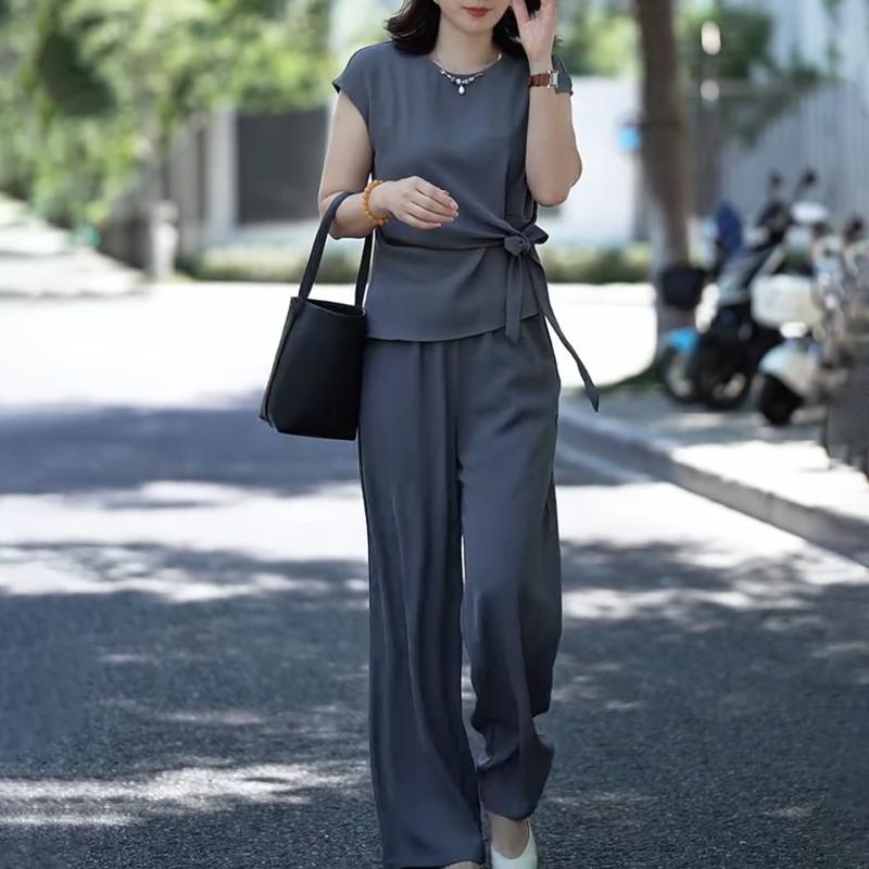 セットアップ レディース おしゃれ 40代 グレー 半袖 ラウンドネック フレンチ風 ウエストリボン 夏 ゆったり 体型カバー バイタル 普段着