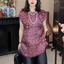 Tシャツ レディース おしゃれ 40代 紫紅色 サマー 中国風 ラウンドネック ノースリーブ ユニーク プリント 大きいサイズ 上品