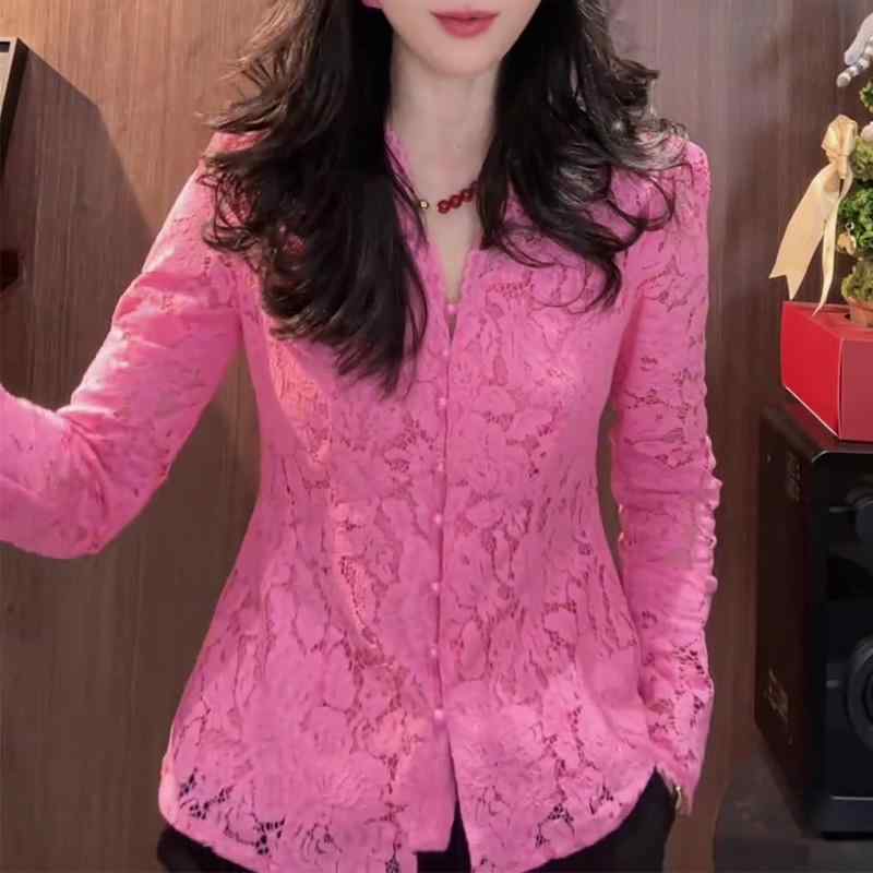 Other - トップス ブラウス レディース おしゃれ 40代 長袖 レース ピンク 春 大きいサイズ きれいめ 若見え 上品
