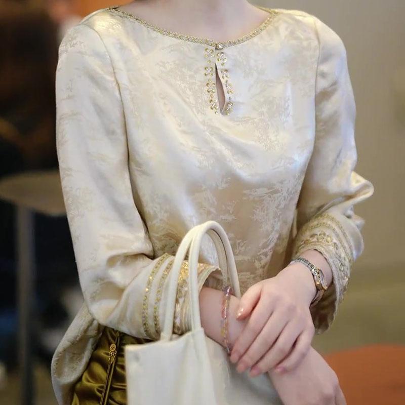 トップス シャツ レディース おしゃれ ブラウス 40代 ベージュ ジャカード ヴィンテージ風 夏 ゆったり 着やせ コーデ 上品(4.0)