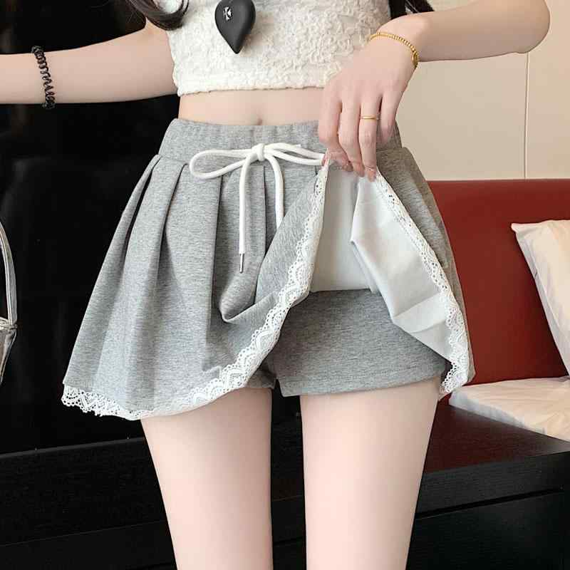 ミニスカート レディース おしゃれ グレー ショートパンツ付 テニ 韓国 レース 花柄 フリル ウエストゴム ドローストリング 夏 プリーツ