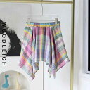 スカートパンツ レディース おしゃれ 夏 ギンガムチェック ピンク系 イレギュラーヘム リボン ウエストゴム ダンス 森ガール