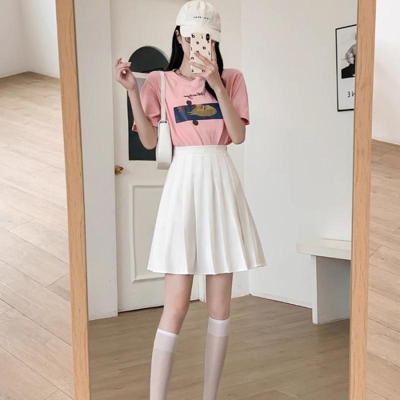 ミニスカート レディース おしゃれ 白 プリーツ 夏 大きいサイズ 高身長対応 ウエストゴム Aライン ミディアム丈 学生風