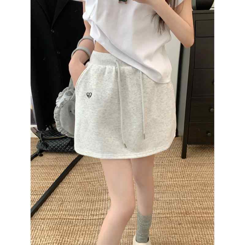 スカート レディース おしゃれ 春 刺繍 抽選 紐 ポケット 透け防止 スポーティー シンプル ストレート ウエストゴム