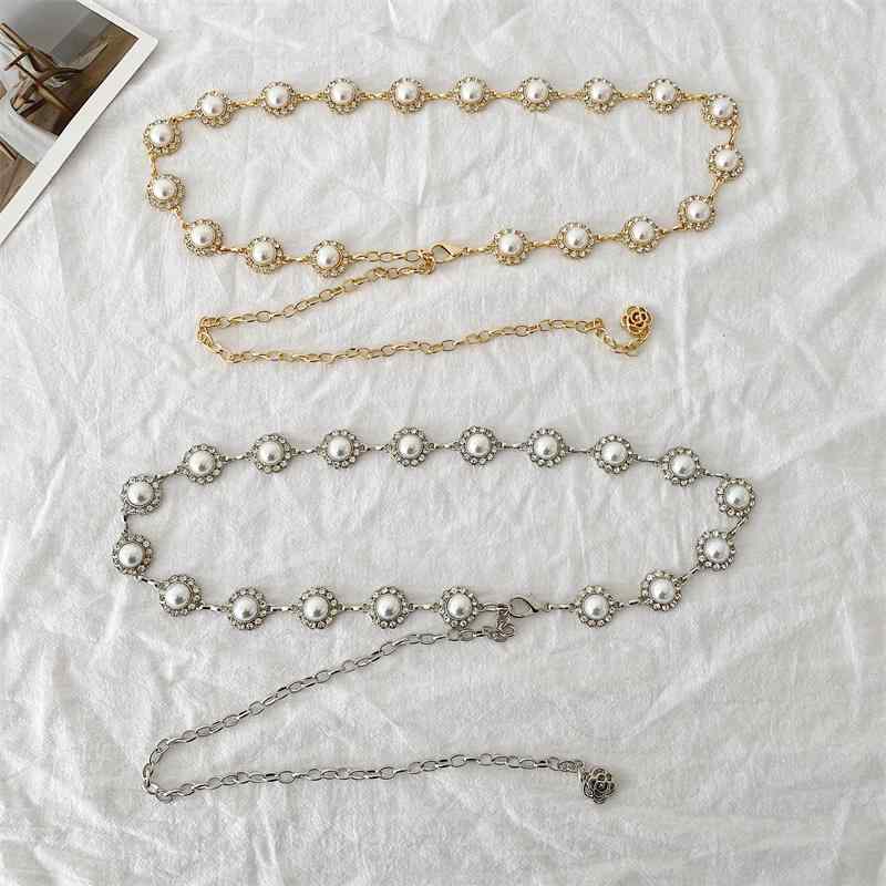 チェーンベルト レディース ヴィンテージ風 パール メタル ウエストマーク 装飾 アクセサリー 体型カバー ドレス スカート シャツ きらきら