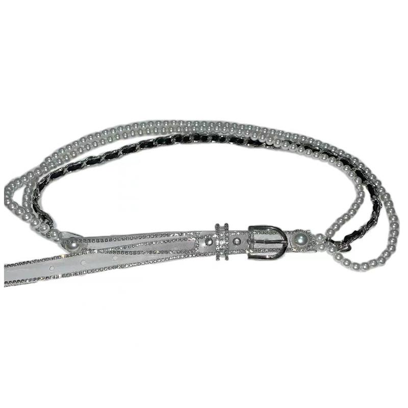 チェーンベルト レディース パール ウエスト 透明 きらきら ウェストアクセサリー 編み込み デコレーション フェミニン おしゃれ