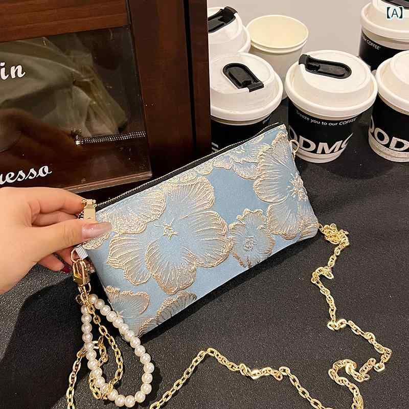 ショルダーバッグ レディース 小さめ スパンコール パーティー エレガント 花柄 ハート 蝶 韓国 長財布 パール チャーム 斜め掛け クロスボディ スマホ ジッパー チェーン 青 ゴールド 緑